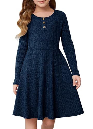 Yovion Girls Knit Sweater Dress Solid Long Sleeve School Casual Tunic Mini Dresses With Pockets For 6-12 Y Navy Blue cover