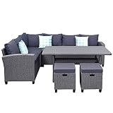 FZZDP 5 Pcs Outdoor Conversation Set Patio Furniture Set All Weather Wicker Sectional Couch Sofa Din