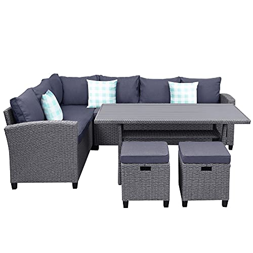 Fzzdp 5 Pcs Outdoor Conversation Set Patio Furniture Set All Weather Wicker Sectional Couch Sofa Dining Table Chair W/Ottoman&Pillow (Color : D) #TOP10