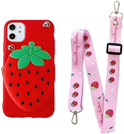 CrossBody Wallet Case Compatible with Samsung Galaxy A32 5G Cases 3D Cute Fruit Phone Purse Card Pouch Kickstand Cover Soft Silicone Case with Detachable Lanyard Shockproof Cover(Strawberry)