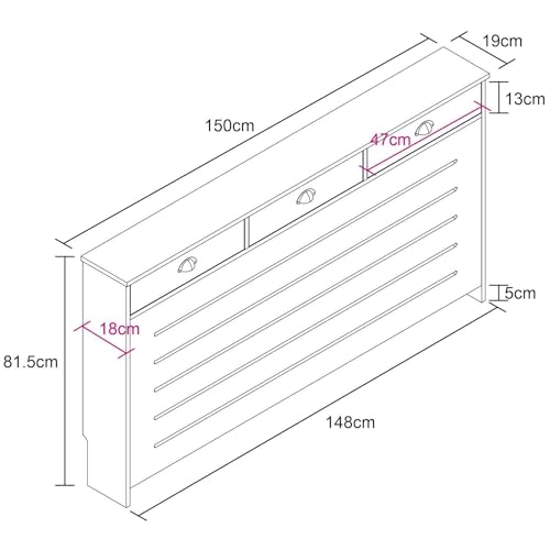 DuraTherm® Radiator Cover Cream Painted MDF Cabinet Horizontal Slat Storage Drawers & Shelf, Radiator Cabinets for Office Hallway Living Room Bedroom, Large (H: 150cm / W: 96cm / D: 19cm)
