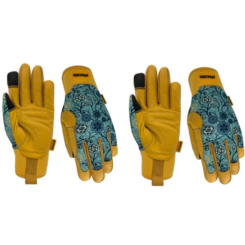 MSUPSAV 2 Pairs Gardening Gloves,Cowhide Leather Garden Gloves,Multipurpose Outdoor Yard Work Glove for Men Women,Gifts,Blue,Medium