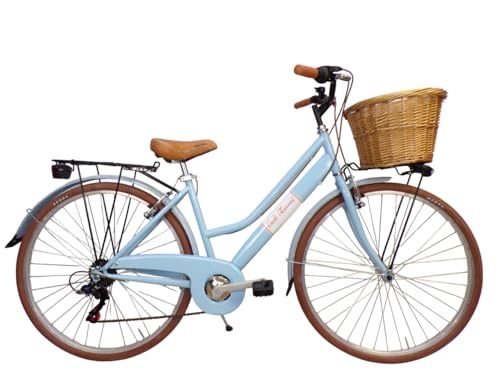 Cicli Tessari - Bicicleta de mujer de ciudad de paseo de 28 pulgadas con cambio vintage retro con cesta de mimbre (azul)