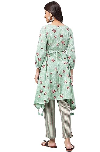 Image of Janasya Women's Green Cotton Floral Printed Kurta with Pant