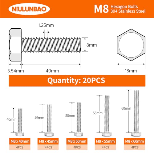 Image of M8 x 40mm 45mm 50mm 55mm 60mm Heavy Duty Hexagon Bolts Hex Head Screws, 304 Stainless Steel, Machine Fully Thread, Metric, Bright Finish, Assortment Kit 20PCS