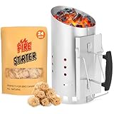 SUNLIFER Charcoal Chimney Starter with 24 Pcs Natural Fire Starters, Heavy Duty Barbecues Chimney Starter for Charcoal Grill and BBQ, Easy Grip and Sturdy and Rapid Fire Starter, Zinc Steel