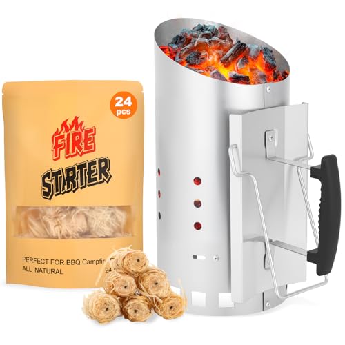 SUNLIFER Large BBQ Charcoal Chimney Starter: Quick Fire Starters With Natural Wood Wool Fire lighters 24Pcs, Coal Starter for Barbecue Grill (38Cm Height)