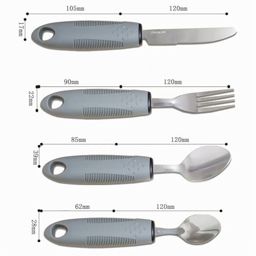Ksvaye 4-teiliges Parkinson Besteck mit Dickem Griff Adaptive Utensilien Easy Grip Besteck Set Gabel Teelöffel Esslöffel Messer für Behinderte Menschen Parkinson Patienten Ältere Arthritis (Grau)