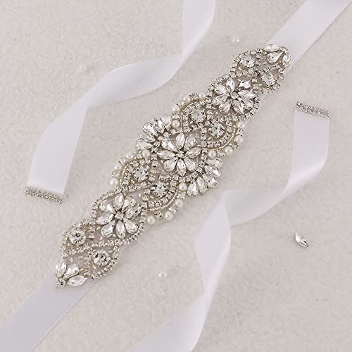 Yanstar White Sash Crystal Applique Wedding Bridal Belts In Silver With Pearls Beaded On Wedding Prom Dress-7.7In2In #TOP6