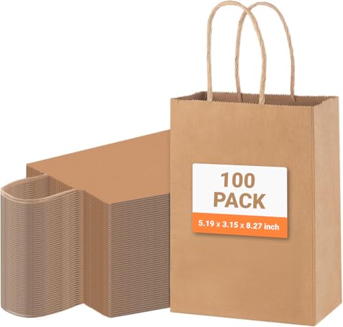 chfine Gift Wrapping Paper Bags, 100Pcs Brown 5.91x3.15x8.27 Inch, Small Gift Bags with Handles for Business, Birthday, Wedding, Party Favor Bags, Kraft Paper Bags