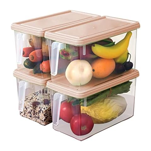 MineDecor Plastic Storage Containers Square Food Storage Organizer Stackable Refrigerator Organizer Handle Kitchen Containers with Lids for Fruits Vegetables Meat Egg, 4-pack (Pink) Cover