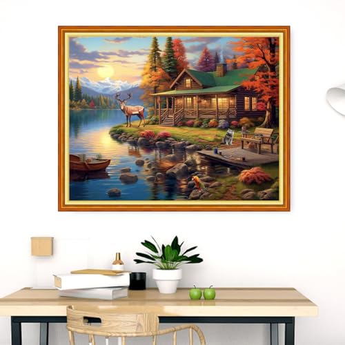 Image of Dimensean Stamped Cross Stitch Kits Full Range of Embroidery Patterns Starter Kits for Beginners Adult DIY Cross Stitches Needlepoint Kits 11CT-Scenery by the Lake 16x20 inch