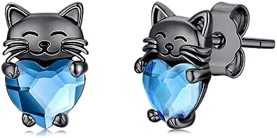 Cat Earrings 925 Sterling Silver Cat Studs with Crystal Hoop Earrings Cute Cat Lovers Jewellery Cat Theme Gifts for Girls Women