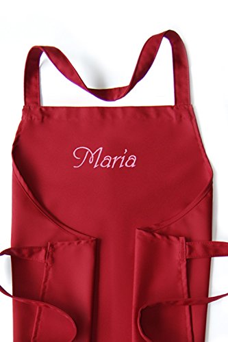 Krings Fashion Schürze mit Name oder Wunschbegriff, hochwertig bestickt, Schürzenfarbe rot Stickfarbe wählbar