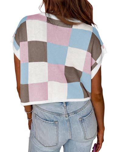 Image of Saodimallsu Womens Cap Sleeve Crop Tops Summer Color Block Going Out Crew Neck Knit Trendy Casual Sweater