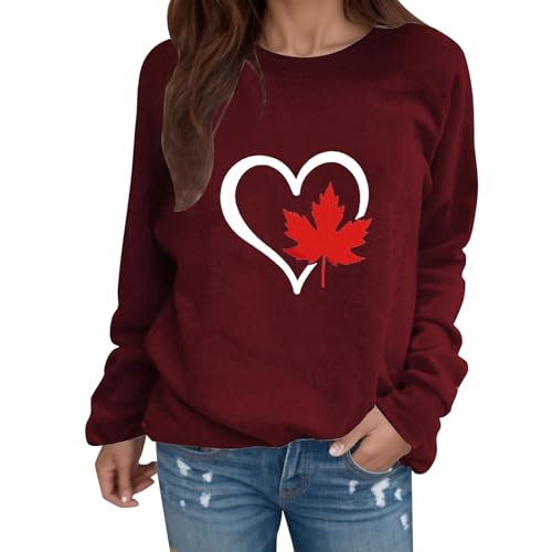 Image of Generisch Fashion Women Long Sleeve Crew Neck Printed Sweatshirt Soft Cotton Blend Casual Day, Wine Red, S