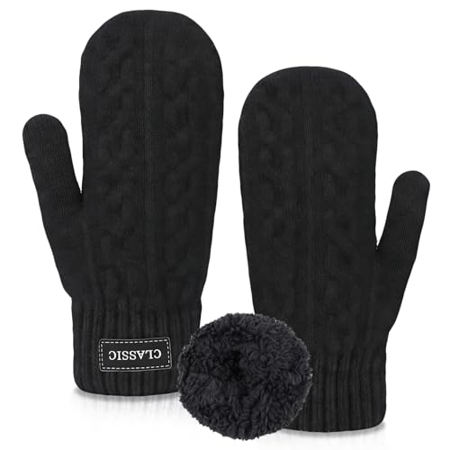Supcomsta Men's Thermal Mittens Winter Gloves - Warm Fleece Lining Elastic Cuff Thick Knit Cold Weather Gloves (Black)