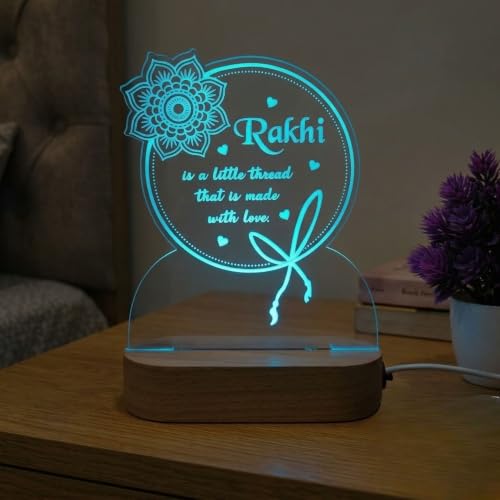 Image of Rakhi Quote LED Table Lamp - Multicolor Acrylic Night Light with Raksha Bandhan Design - Festival Gift for Brother & Sister