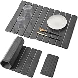 Large Stone Dish Drying Mat for Kitchen Counter, Quick Dry Dish Drying Mats, Foldable Absorbent Diatomaceous Earth Mats for Plate Rack Bottles Cups, Match Any Countertop (Gray Marble 24"Γ16" & 8"x4")