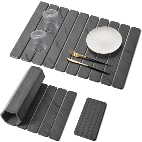 Large Stone Dish Drying Mat for Kitchen Counter Quick Dry Dish Drying Mats Foldable Absorbent Diatomaceous Earth Mats for Plate Rack Bottles Cups Match Any Countertop (Gray Marble 2416 & 8x4)