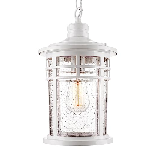 Image of Darkaway Large Outdoor Pendant Lights for Porch, 15inch Outdoor Chandelier Hanging Porch Lights Ceiling Mount Aluminum with Seeded Glass for Front Porch Gazebo Patio (Large, White)