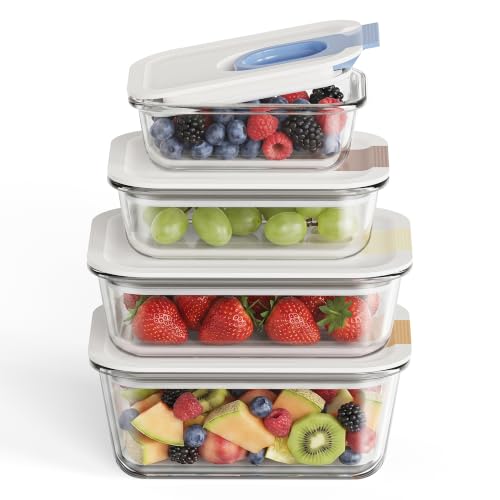 GENICOOK 4 Set Glass Produce Containers for Fridge with Slide Lid