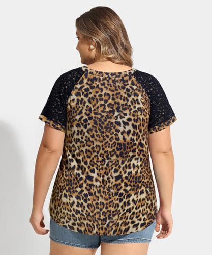 Image of CARCOS Plus Size Tops for Women Short Sleeve Shirt Summer Star /Leopard /Tie Dye /Flower Crewneck Pullover Tunic XL-5XL