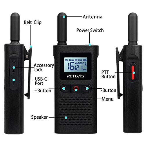 Retevis RB628 Walkie Talkie, PMR446 Profesional Walkie Talkie Recargable 1500mAh, 16 Canales, VOX, Pantalla LCD, Mini Walkie Profesionales con Auriculares para Restaurante, Regalo (4 Piezas, Negro)