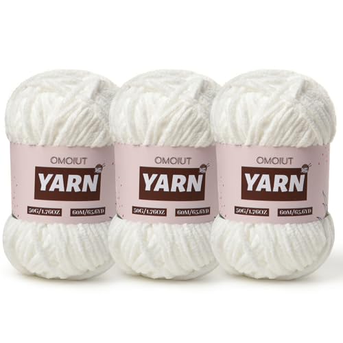 Image of 3 Packs Plush Chenille Chunky Crochet Yarn - Baby Yarn for Crocheting Soft - Velvet Yarns Knitting for Blankets Crafts - Fluffy Amigurumi Yarns 150g / 196.8yds (3 Snow White)