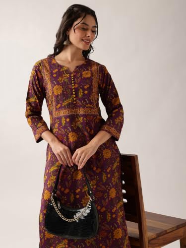 Image of Vbuyz Women Floral Print with Yoke Details Straight Cotton Stitched Kurta