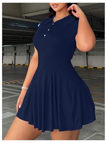 Image of RoseSeek Women's Plus Size Ribbed Knit Golf Dress Button Front Short Sleeve A Line Collared Shirt Dresses