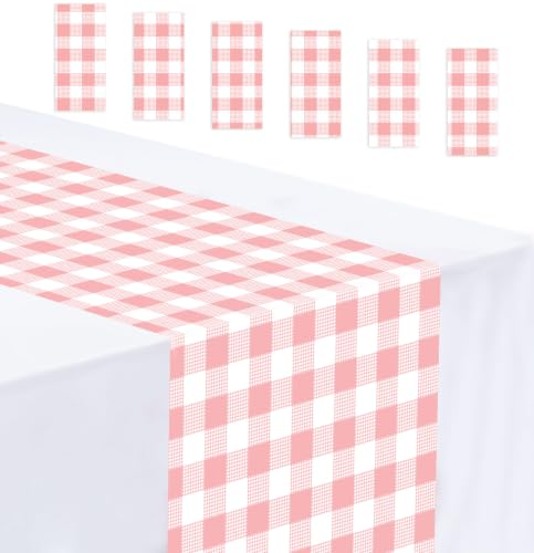MUNILAIL 6 Pcs Pink Gingham Table Runner Plastic Checkered Table Runner