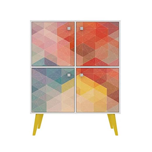 Manhattan Comfort Avesta Mid-Century Modern High Double Accent Cabinet with Solid Wood Legs, 45.28", White, Color Stamp and Yellow