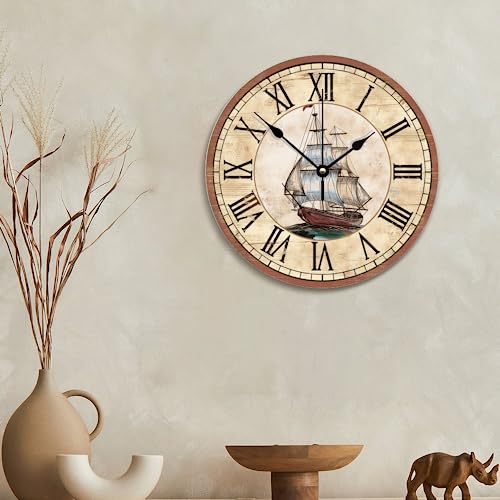Godblessign Vintage Sailboat Clock Nautical Wall Clock Silent Non-Ticking Wooden Wall Clock Battery Operated Beach Ocean Wall Decor Rustic Home Decor For Living Room Kitchen Home Bedroom 10 Inch #TOP1