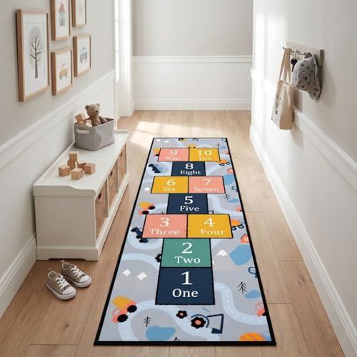 MUOUCTE Construction Vehicle Hopscotch Runner Rug for Kids, 2x6ft, Truck Road Theme Colorful Learning Numbers Living Room Carpet, Machine Washable Educational Hallway Carpet for Playroom
