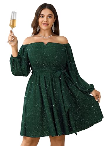 SCOMCHIC Plus Size Womens Sequin Glitter Mini Dress Off Shoulder Long Sleeve A-Line Club Cocktail Party Dresses with Belt