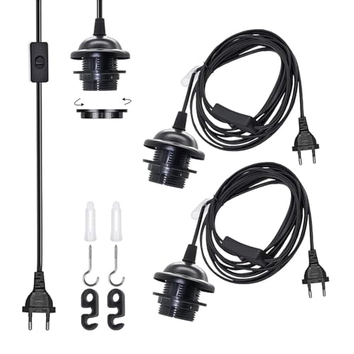VOMI Lampade a Sospensione Accessori, 2 Pezzi Kit Lampadario Fai da Te Attacco E27 con Interruttore, Presa e Cavo 1,8 M, Cavo per Luci a Sospensione Nero per Comodini Camera Tavolo Pranzo Cucina
