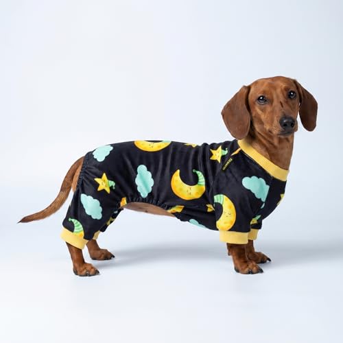 Image of Fitwarm Moon and Stars Dog Fleece Pajamas, Cozy Winter Clothes for Small Dogs Boy Girl, Funny Pet Outfit, Black, Yellow, XS