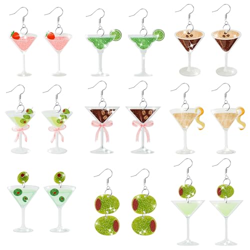 Y1tvei Martini Acrylic Dangle Earrings - 9 Pairs Cute Olive Strawberry Lemon Coffee Beans Coquette Pink Bow Glitter Dangle Drop for Women Girls, Stylish Accessories Jewelry Gift Set for Party Holiday