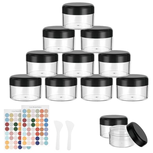 Flintronic 12 Piezas Cosméticos Envase, Contenedores de Plástico, Cosmética Tarro Vacío Crema de Viaje, 50g/50ml, con Pegatina y Cuchara Pequeña, para Cosméticos/Crema/Pasta/Perlas, Negro