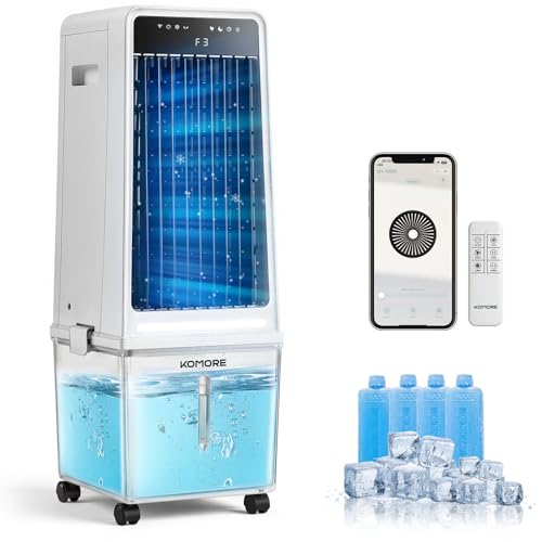 Image of KOMORE 14L Evaporative Air Cooler, 9m/s Velocity, 3-in-1 Portable Air Cooler Fan with Remote/APP, 12H Timer, 3 Modes 3 Speed, LED Lights and Displays, Tower Cooling Fan for Bedroom Home Office Outdoor