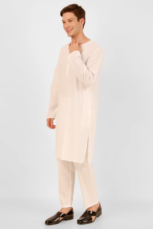 Mens Indian Casual Cotton Kurta Pajama Set - White - Crew Neck3