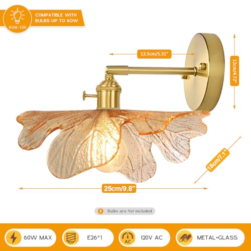 Image of Vintage Bathroom Wall Sconce Gold Mid Century Modern Vanity Light Flower Glass Wall Sconce Light Fixture Decor Art Vanity Lamp Adjustable Hardwired Vanity Lighting for Over Mirror