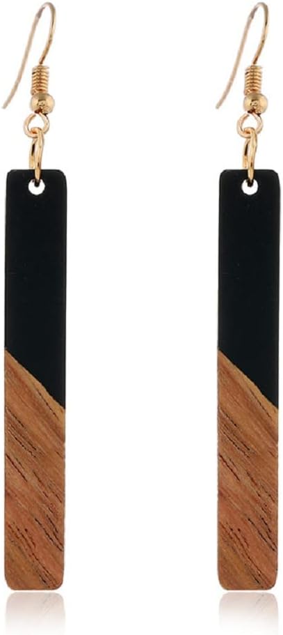 Retro Bohemian Wood Resin Drop Dangle Earrings for Women - Lightweight Geometric Leopard Bar Statement Boho Jewelry