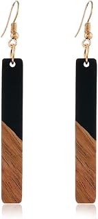 Retro Natural Wood Resin Bar Drop Dangle Earrings for Women Wooden Geometric Bar Earrings Lightweight Layered Leopard Statement Earrings Polymer Clay Boho Jewelry