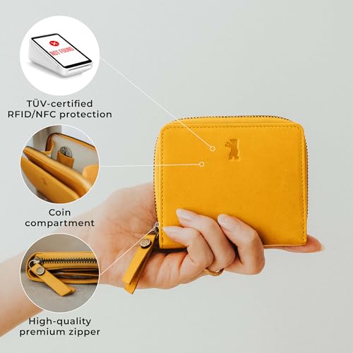 Image of BERLINER BAGS Genuine Leather Small Wallet Women Sara, Gift Box - Yellow | Soft Leather Bifold Zip Wallet, Fits Purses & Crossbody Bags, 8 Card Slots, Zipped Coin Pocket, RFID Blocking