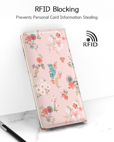 Image of Nipichsha Womens Wallet, RFID Slim Wallets for Women, Thin Ladies Credit Card Holder Purse, Cute Leather Bifold Clutch Billfold with 11 Card Slots & ID Window, Pink Flowers