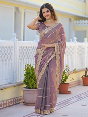 Image of Satrani Women's Shimmer Chiffon Scalloped Border Sequins Embroidery Saree with Unstitched Blouse Piece