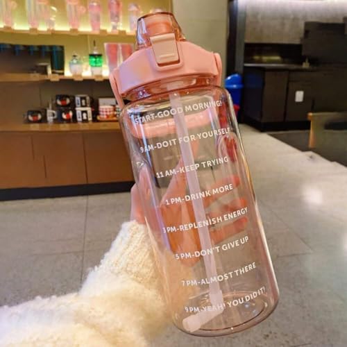 Image of 2L Transparent Motivational Water Bottle with Straw & Time Marker | Leak Proof BPA Free Sports Drinking Bottle for Gym, Office, School & College | Break Resistant with Belt Handle (Pink)