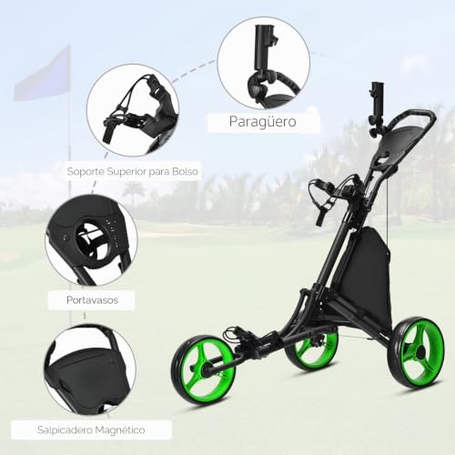 Miniatura 2 de Goplus Carrito De Golf Plegable Con 3 Ruedas, Carro De Golf De Empuje De 3 Posiciones De Altura Ajustables Con Freno De Pie, Portaparaguas, Portavaso, Bolsa Impermeable Y Marcador Verde